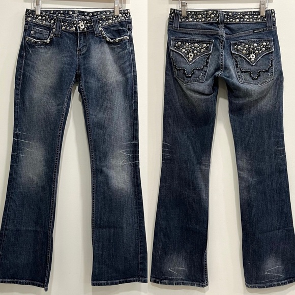 26x30 Miss Me Women's Low Rise Boot Cut Jeans - Dark Blue with Silver Accents - Picture 3 of 13